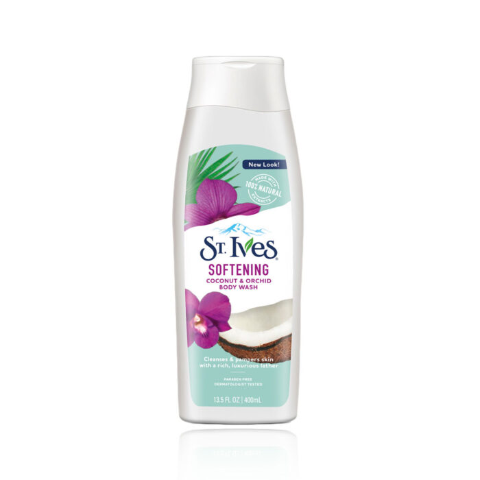 st ives softening coconut orchid body wash cleanses pampers skin with a rich luxurous lather paraben free